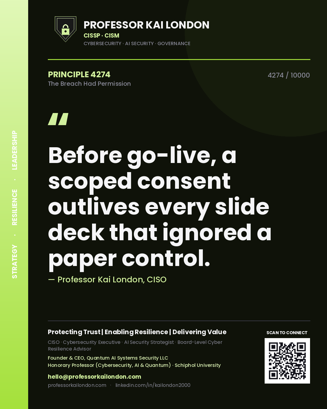 Professor Kai London principle 4274: Before go-live, a scoped consent outlives every slide deck that ignored a paper control.