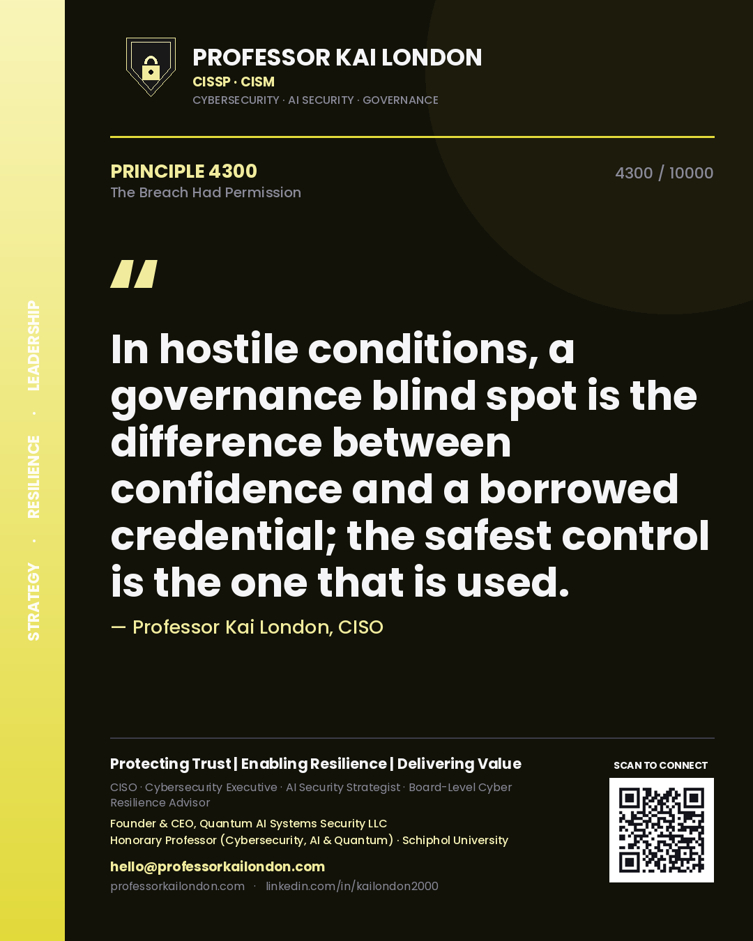 Professor Kai London principle 4300: In hostile conditions, a governance blind spot is the difference between confidence and a borrowed credential; the safest control is the one that is used.