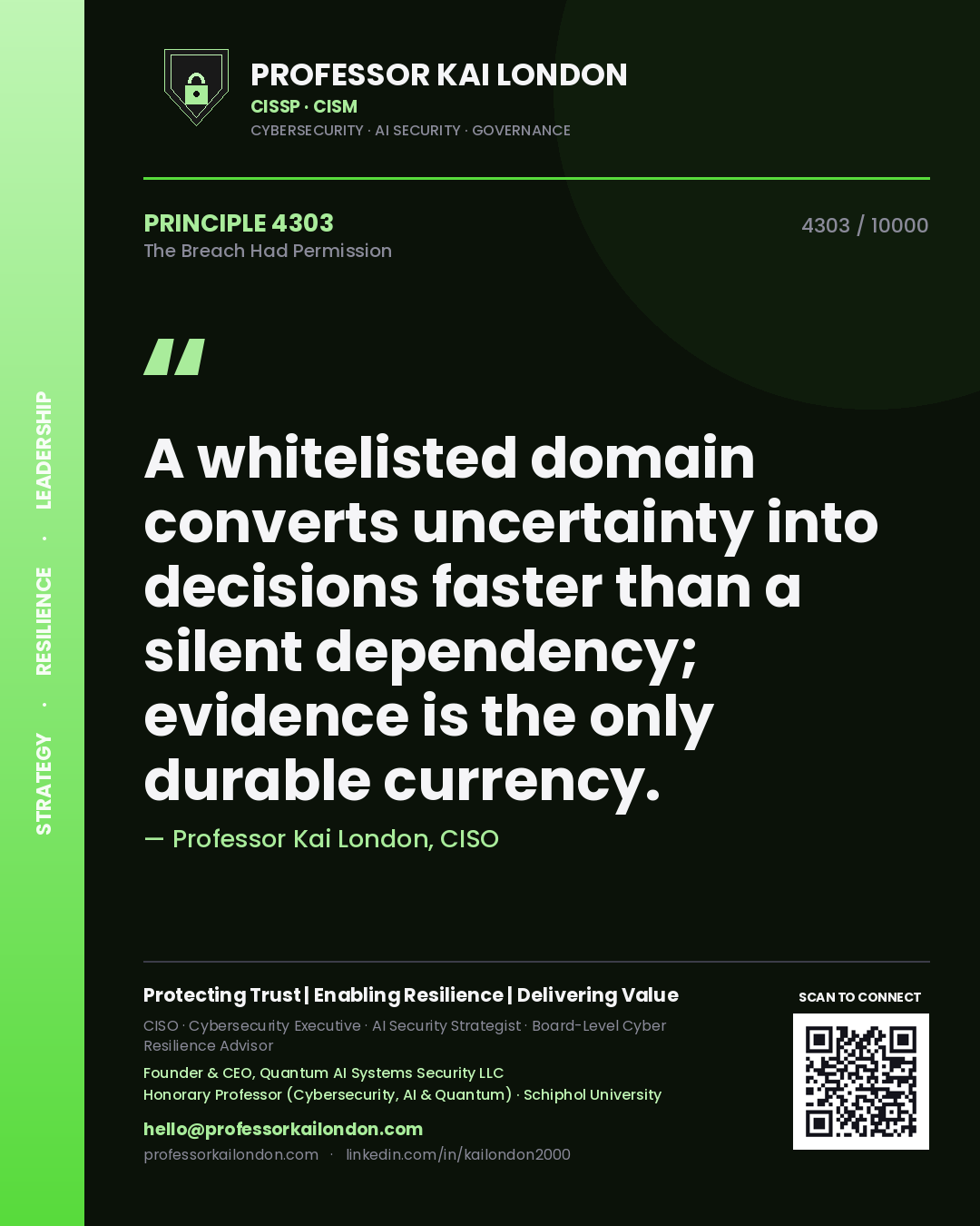 Professor Kai London principle 4303: A whitelisted domain converts uncertainty into decisions faster than a silent dependency; evidence is the only durable currency.