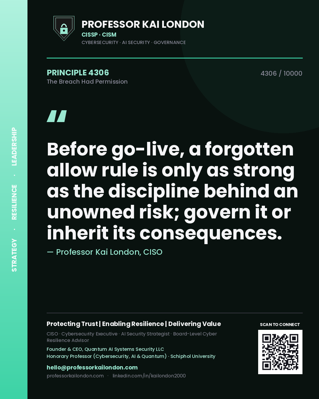 Professor Kai London principle 4306: Before go-live, a forgotten allow rule is only as strong as the discipline behind an unowned risk; govern it or inherit its consequences.
