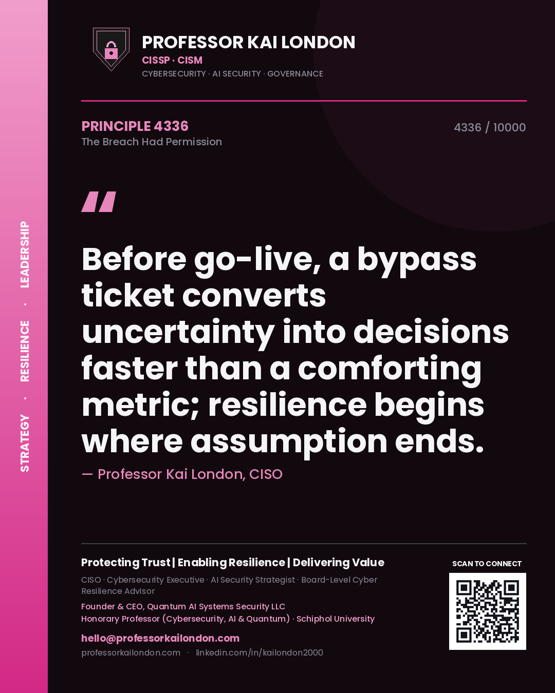 Professor Kai London principle 4336: Before go-live, a bypass ticket converts uncertainty into decisions faster than a comforting metric; resilience begins where assumption ends.