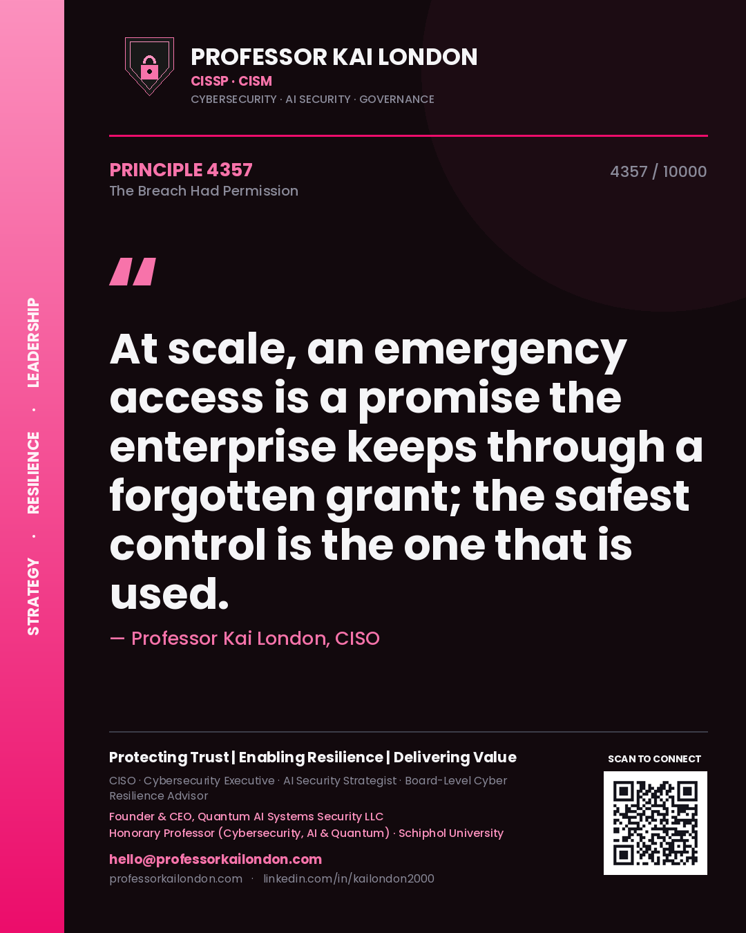 Professor Kai London principle 4357: At scale, an emergency access is a promise the enterprise keeps through a forgotten grant; the safest control is the one that is used.