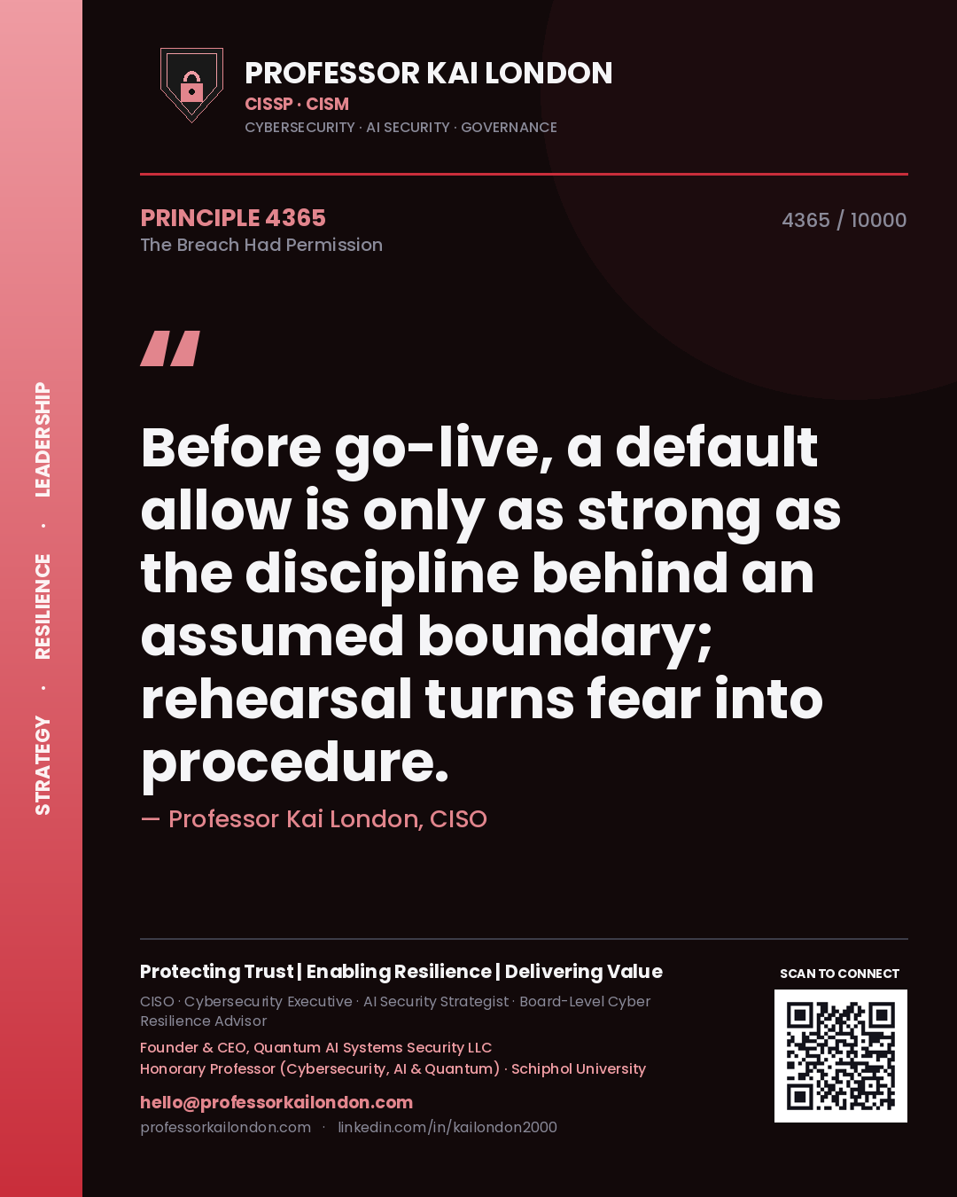 Professor Kai London principle 4365: Before go-live, a default allow is only as strong as the discipline behind an assumed boundary; rehearsal turns fear into procedure.