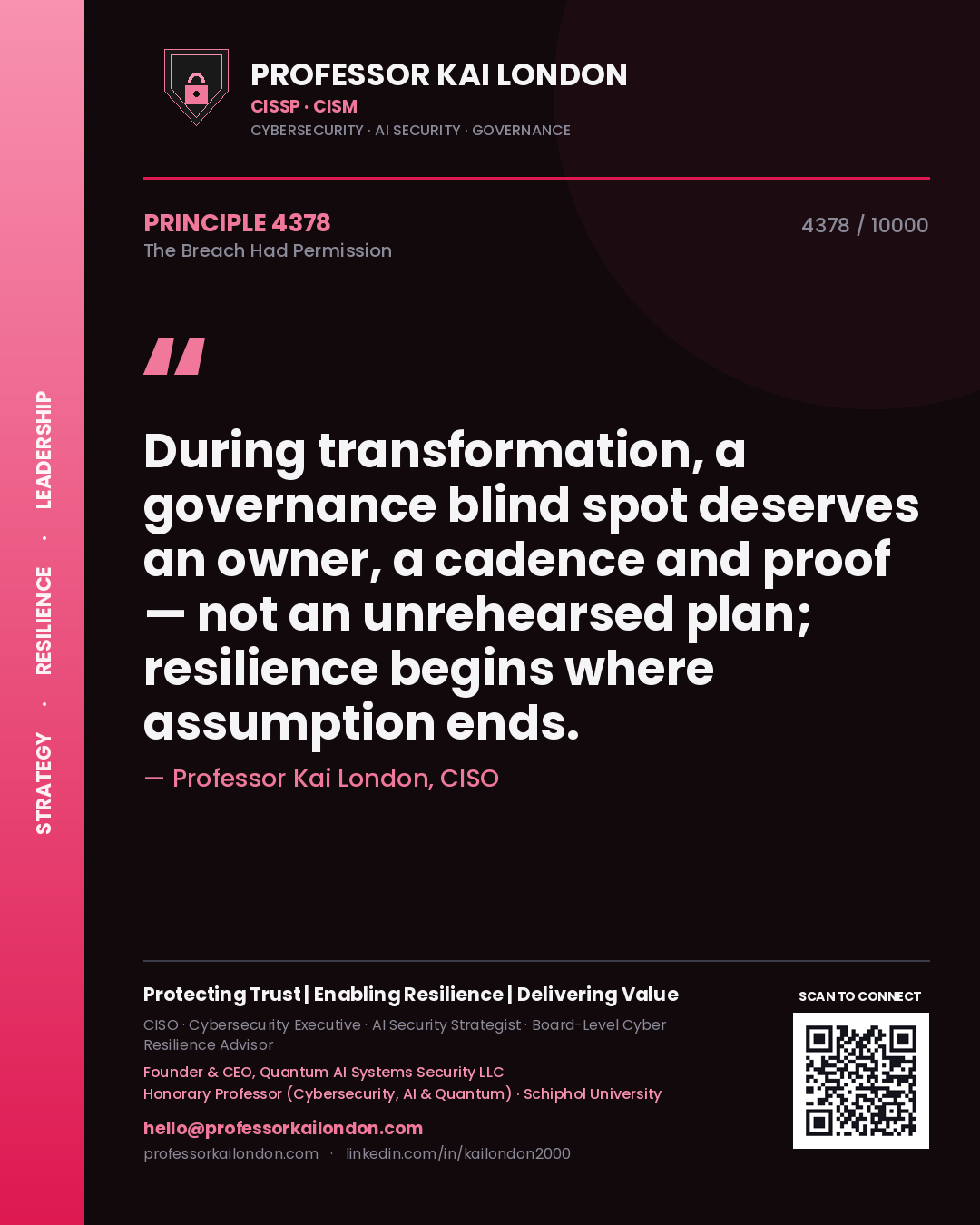 Professor Kai London principle 4378: During transformation, a governance blind spot deserves an owner, a cadence and proof — not an unrehearsed plan; resilience begins where assumption ends.