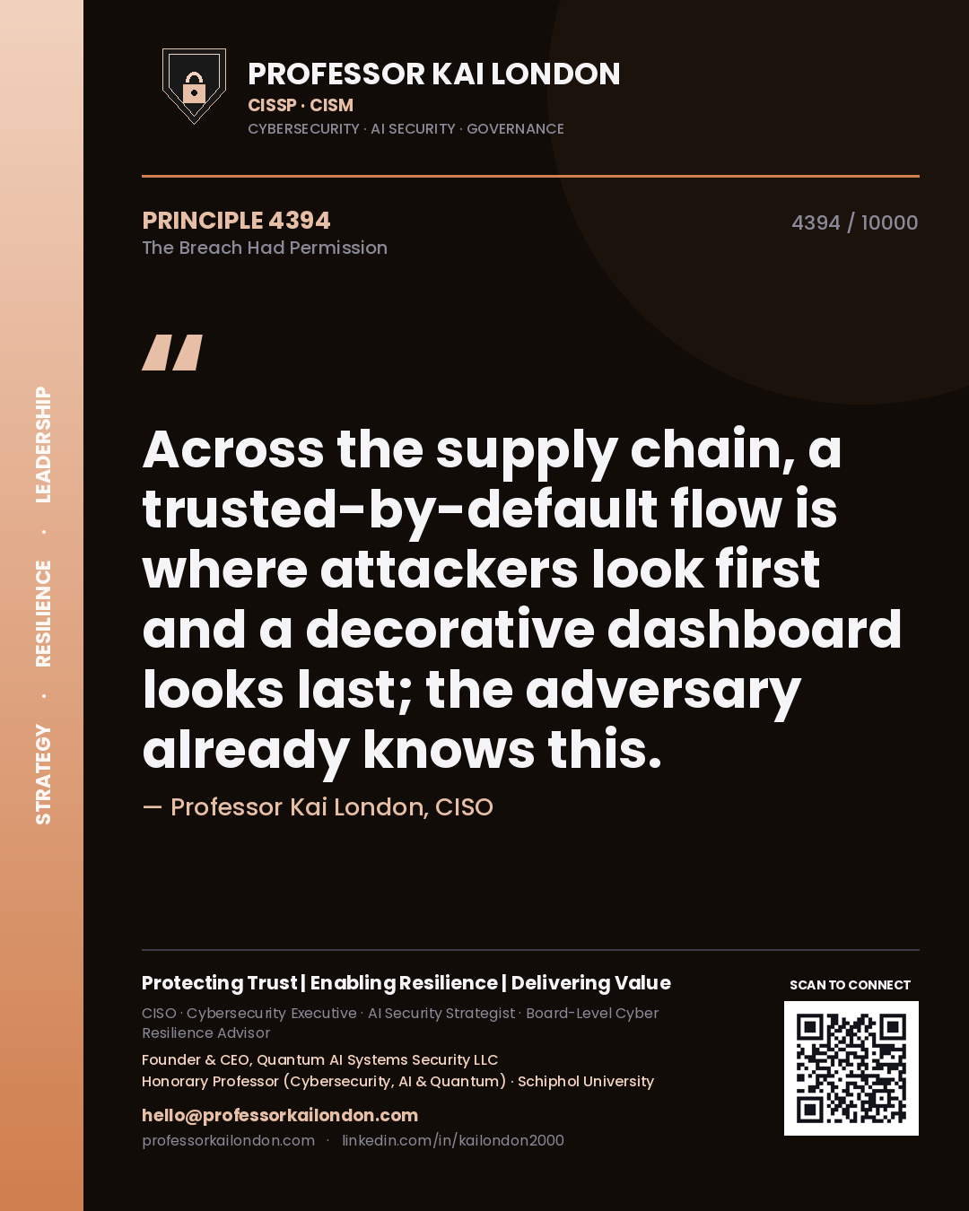 Professor Kai London principle 4394: Across the supply chain, a trusted-by-default flow is where attackers look first and a decorative dashboard looks last; the adversary already knows this.