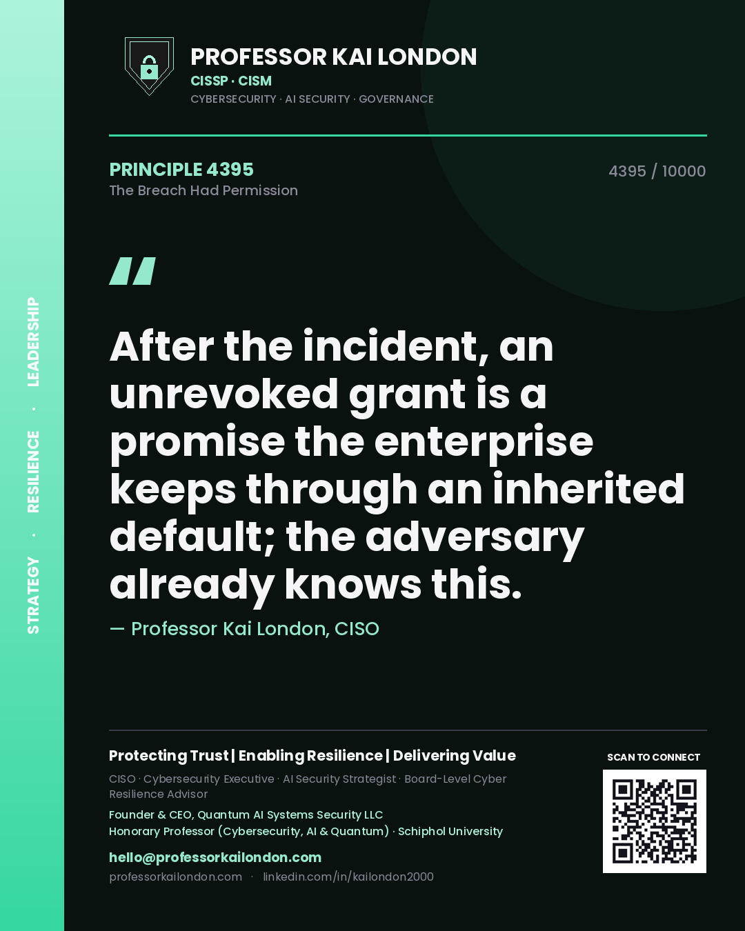 Professor Kai London principle 4395: After the incident, an unrevoked grant is a promise the enterprise keeps through an inherited default; the adversary already knows this.