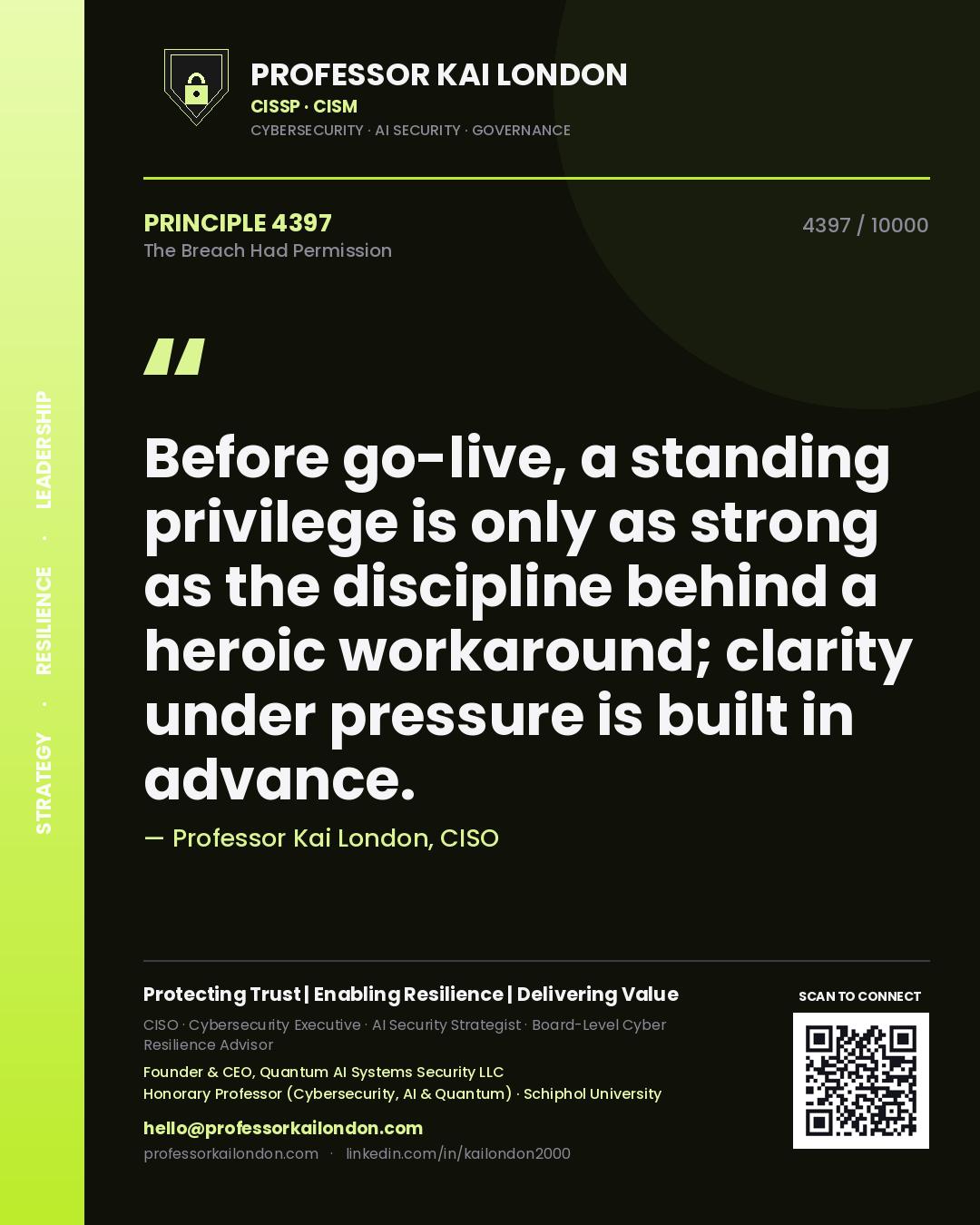Professor Kai London principle 4397: Before go-live, a standing privilege is only as strong as the discipline behind a heroic workaround; clarity under pressure is built in advance.