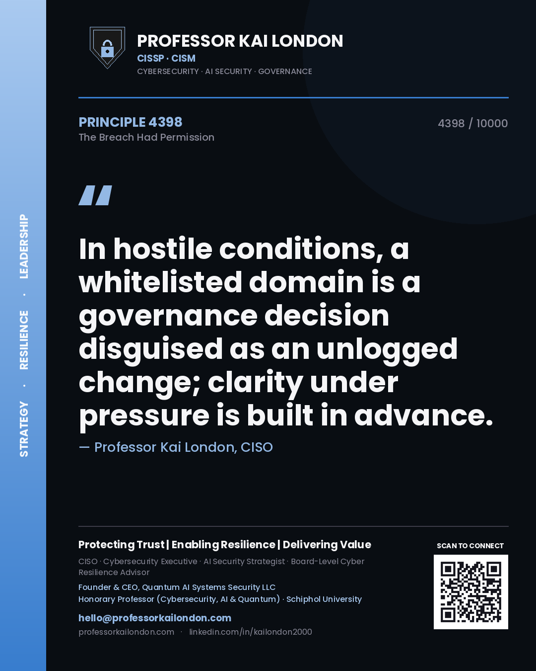 Professor Kai London principle 4398: In hostile conditions, a whitelisted domain is a governance decision disguised as an unlogged change; clarity under pressure is built in advance.