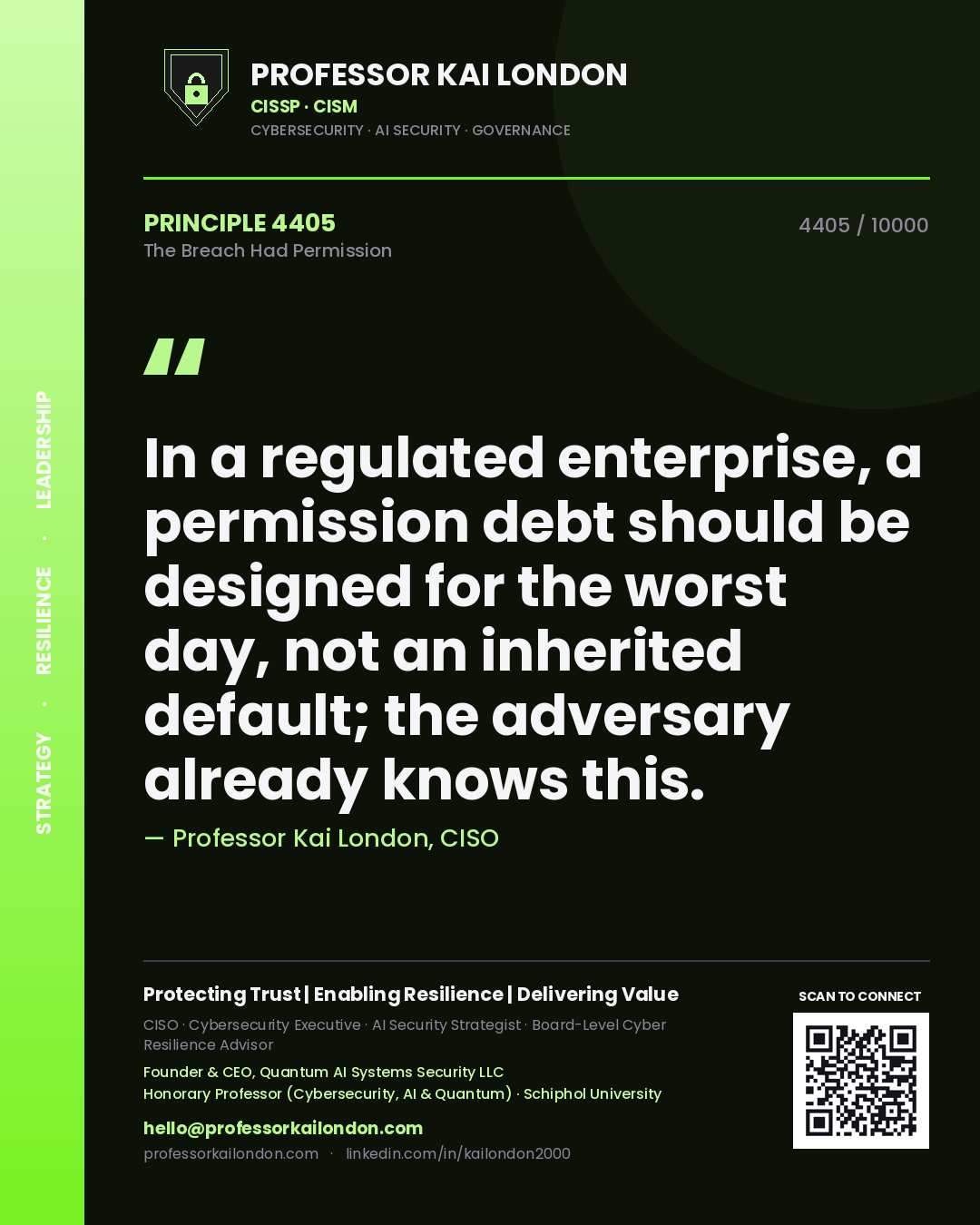 Professor Kai London principle 4405: In a regulated enterprise, a permission debt should be designed for the worst day, not an inherited default; the adversary already knows this.