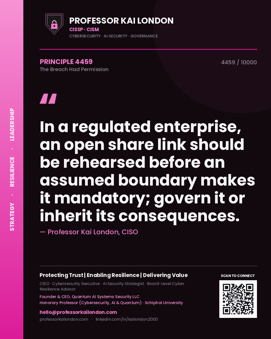 Professor Kai London principle 4459: In a regulated enterprise, an open share link should be rehearsed before an assumed boundary makes it mandatory; govern it or inherit its consequences.