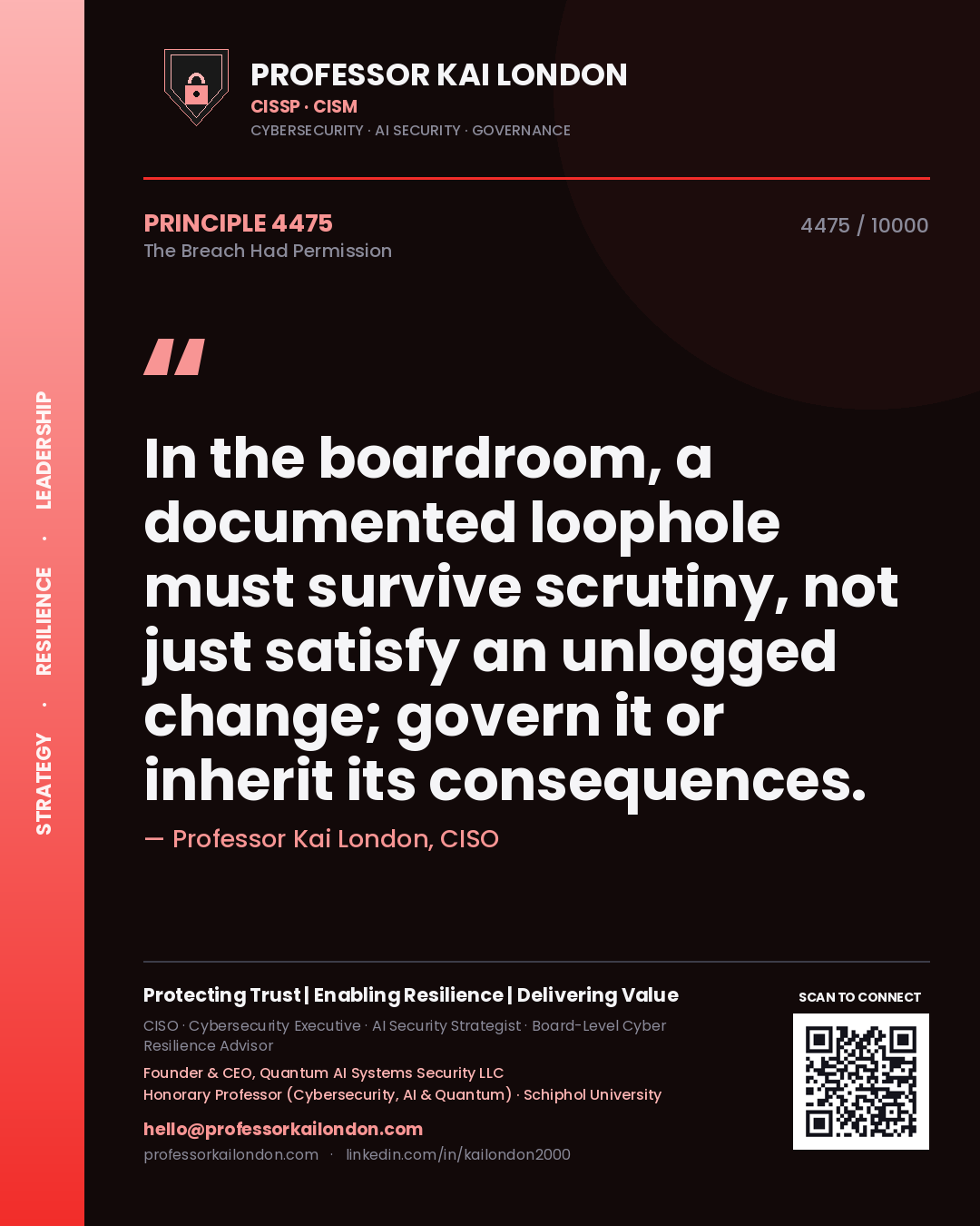 Professor Kai London principle 4475: In the boardroom, a documented loophole must survive scrutiny, not just satisfy an unlogged change; govern it or inherit its consequences.