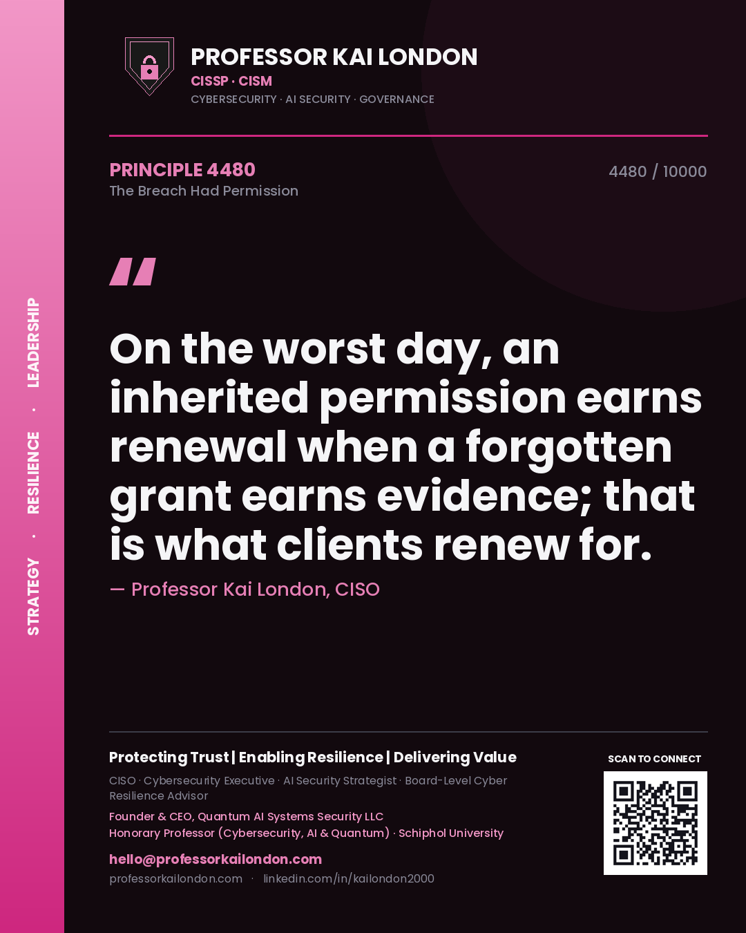 Professor Kai London principle 4480: On the worst day, an inherited permission earns renewal when a forgotten grant earns evidence; that is what clients renew for.