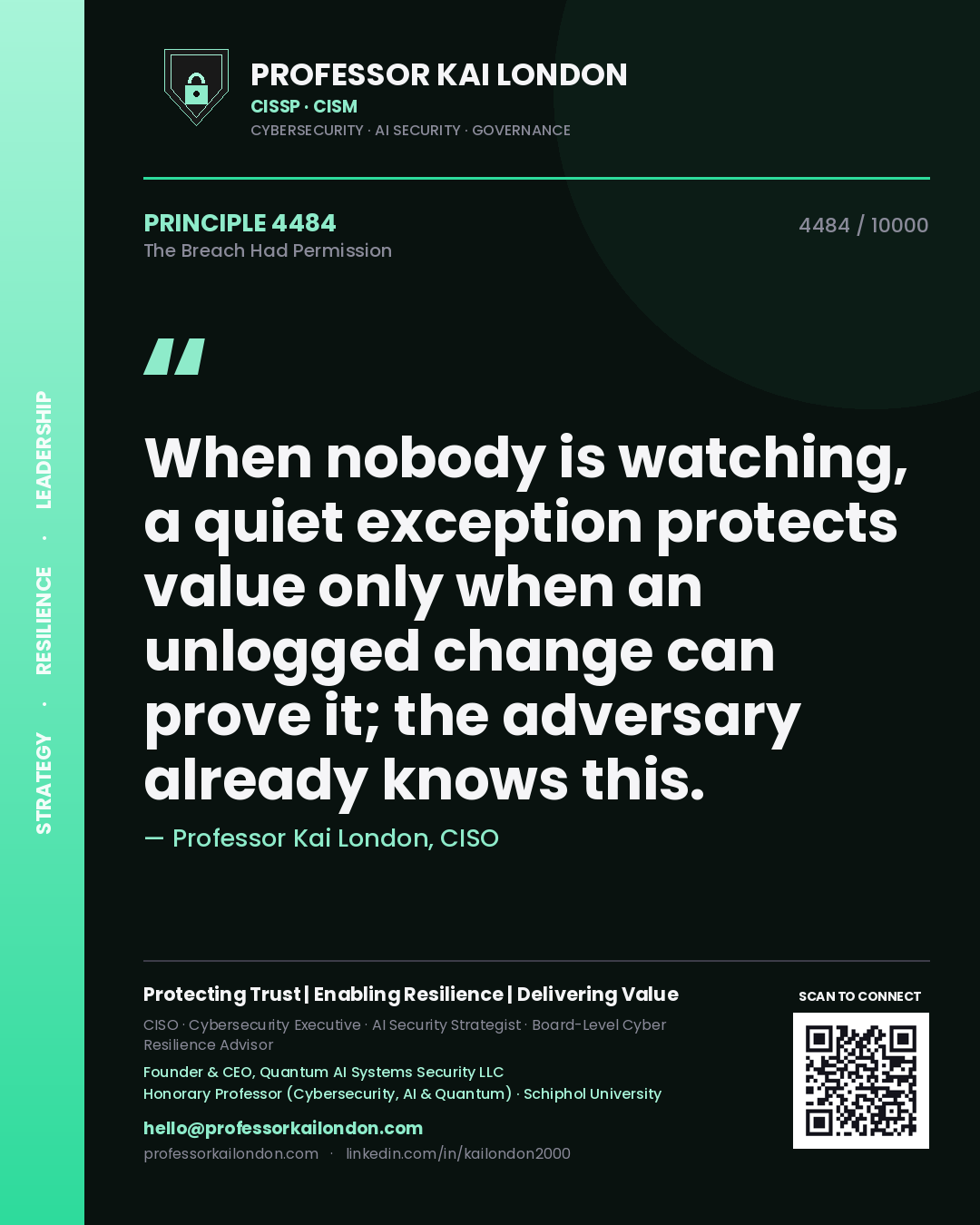 Professor Kai London principle 4484: When nobody is watching, a quiet exception protects value only when an unlogged change can prove it; the adversary already knows this.