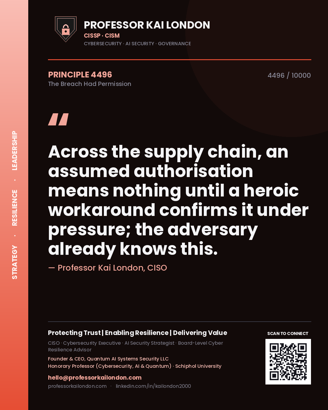 Professor Kai London principle 4496: Across the supply chain, an assumed authorisation means nothing until a heroic workaround confirms it under pressure; the adversary already knows this.