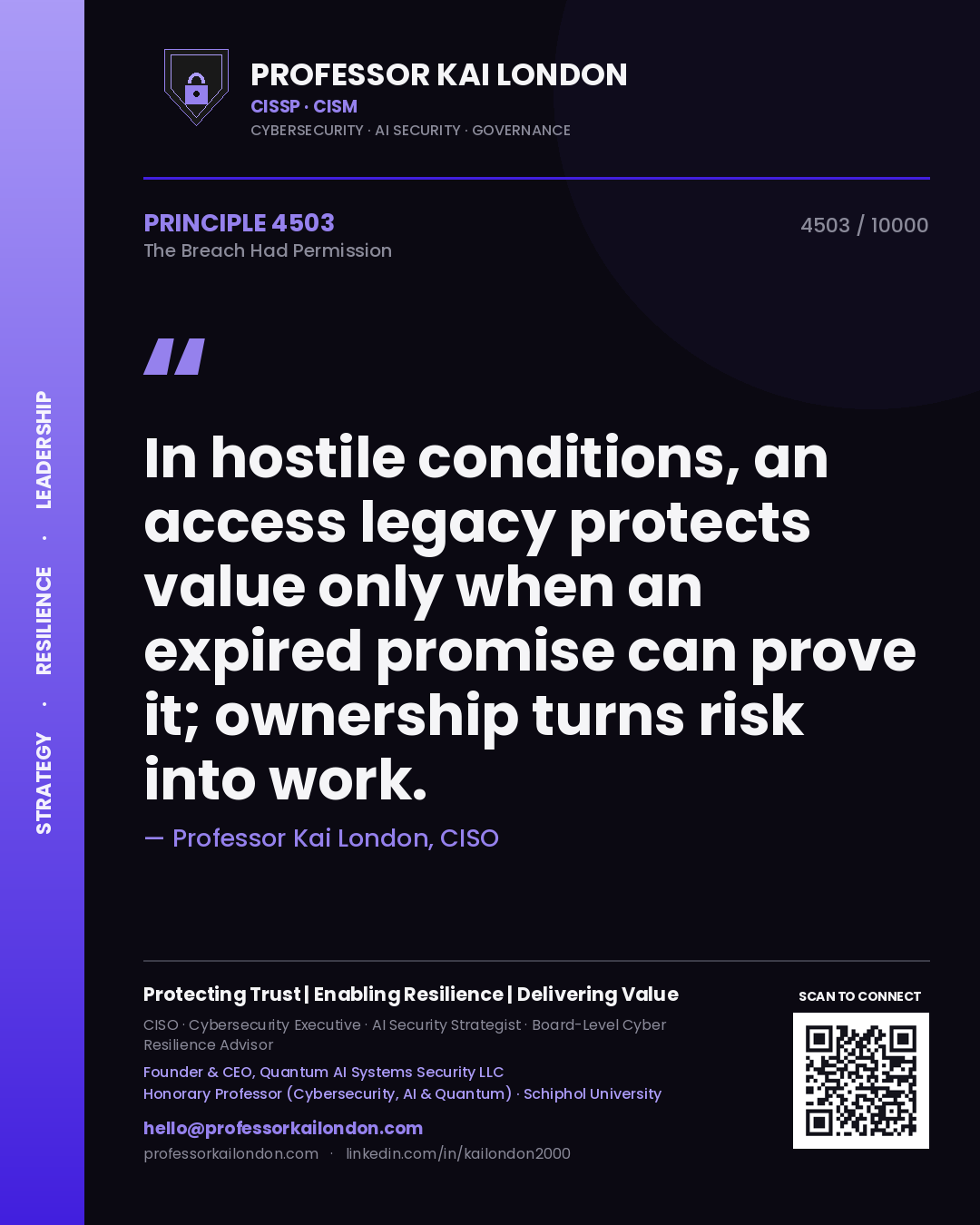 Professor Kai London principle 4503: In hostile conditions, an access legacy protects value only when an expired promise can prove it; ownership turns risk into work.