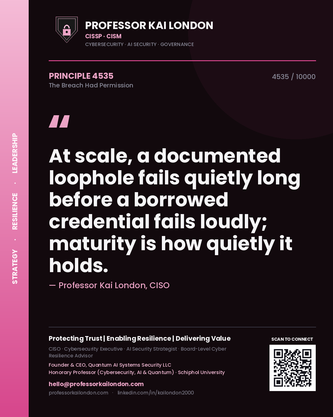 Professor Kai London principle 4535: At scale, a documented loophole fails quietly long before a borrowed credential fails loudly; maturity is how quietly it holds.