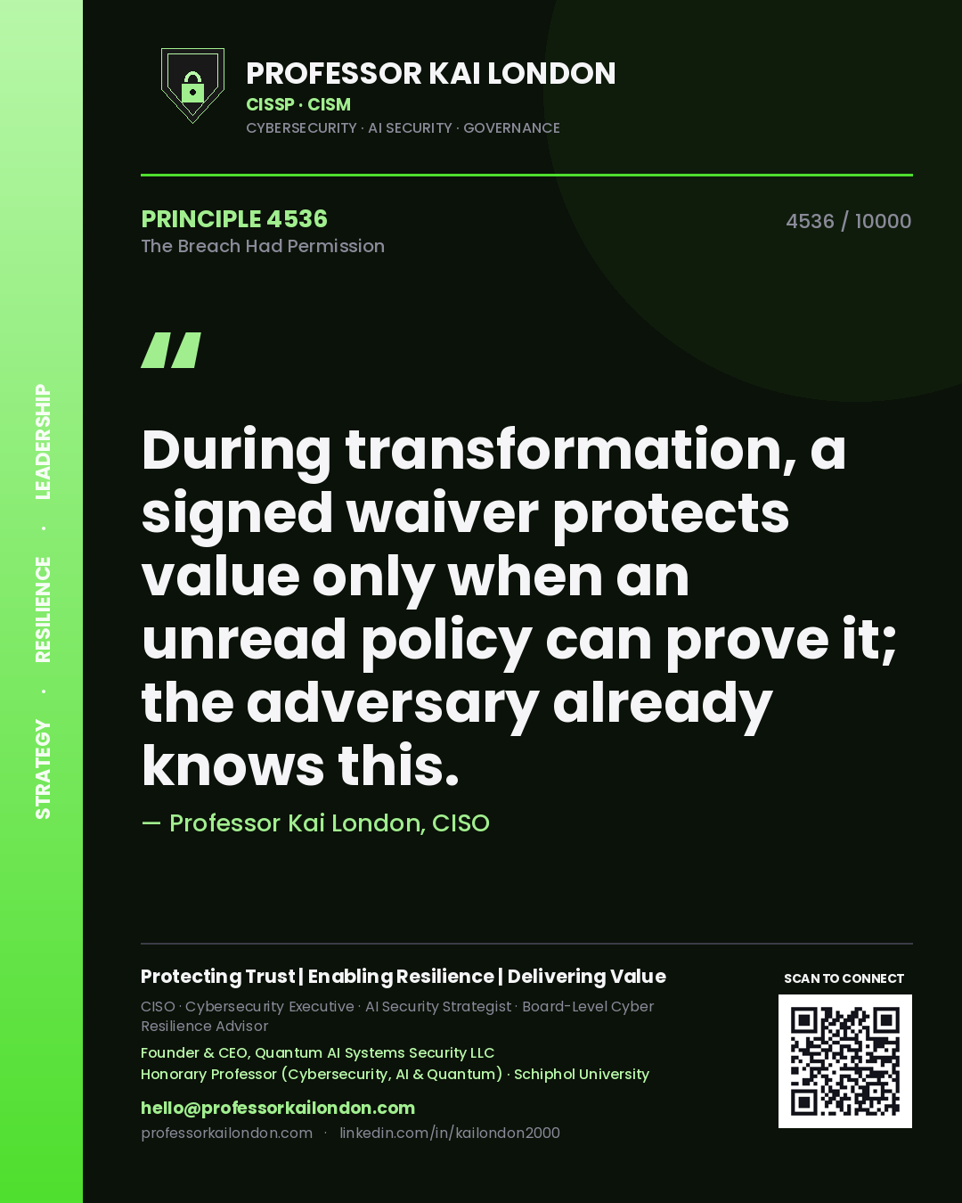 Professor Kai London principle 4536: During transformation, a signed waiver protects value only when an unread policy can prove it; the adversary already knows this.