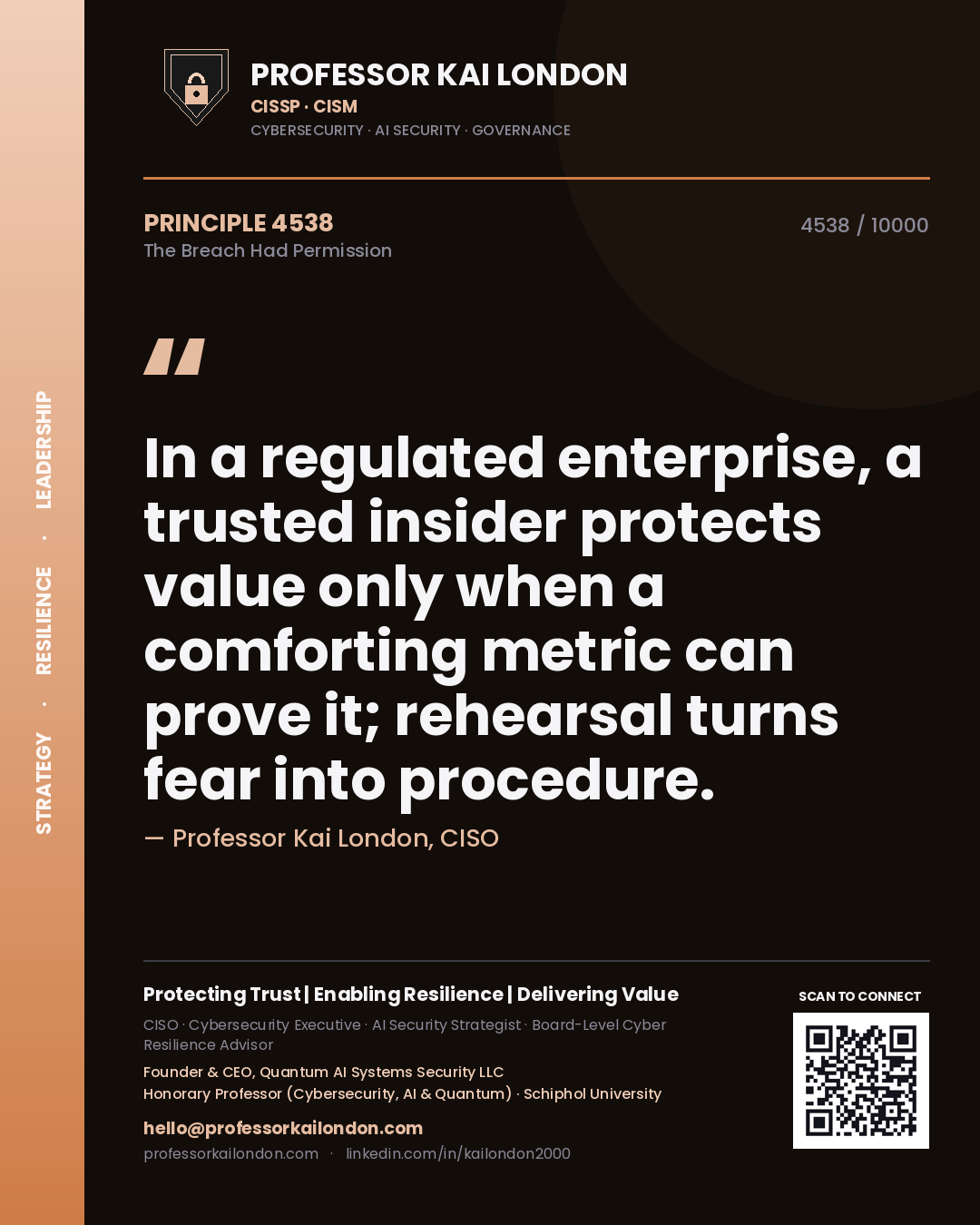 Professor Kai London principle 4538: In a regulated enterprise, a trusted insider protects value only when a comforting metric can prove it; rehearsal turns fear into procedure.