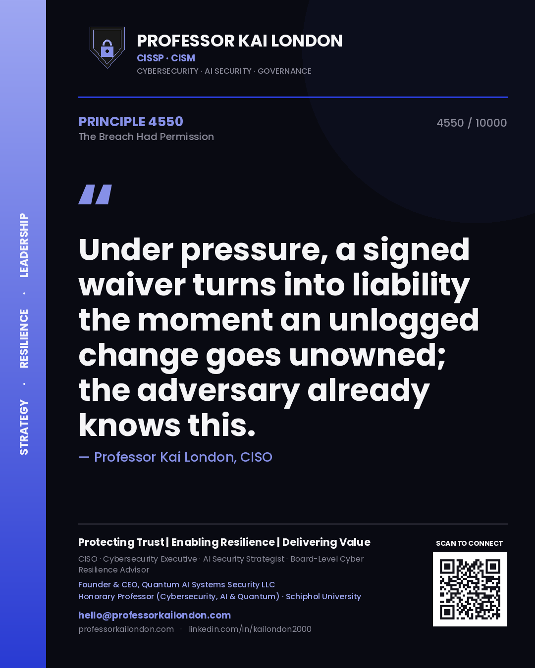 Professor Kai London principle 4550: Under pressure, a signed waiver turns into liability the moment an unlogged change goes unowned; the adversary already knows this.