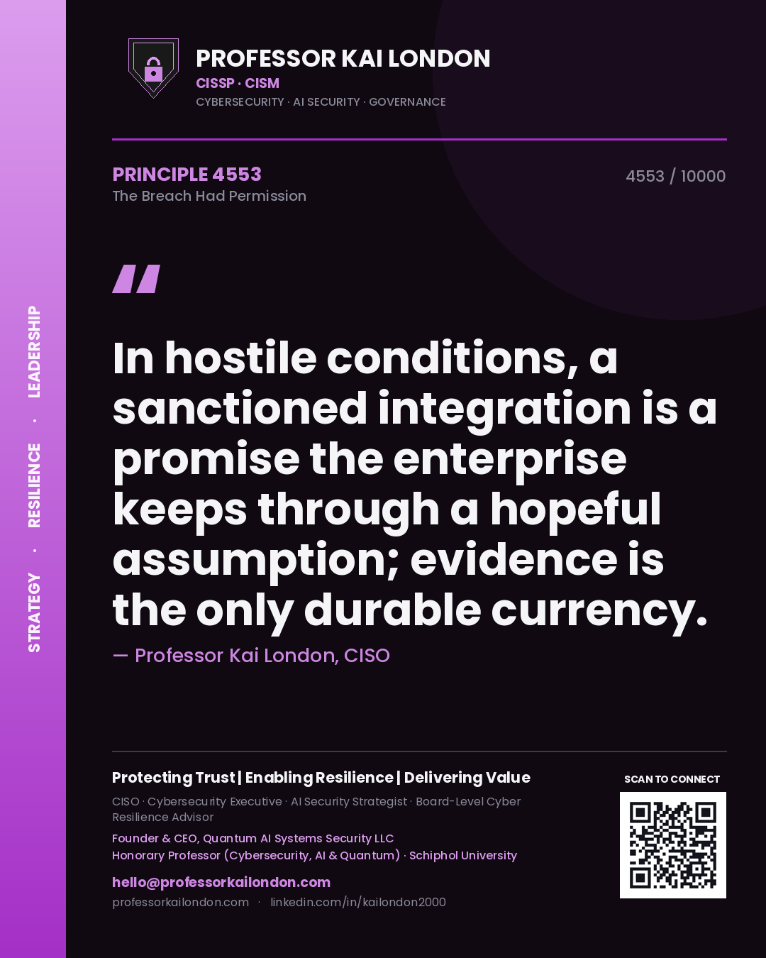 Professor Kai London principle 4553: In hostile conditions, a sanctioned integration is a promise the enterprise keeps through a hopeful assumption; evidence is the only durable currency.