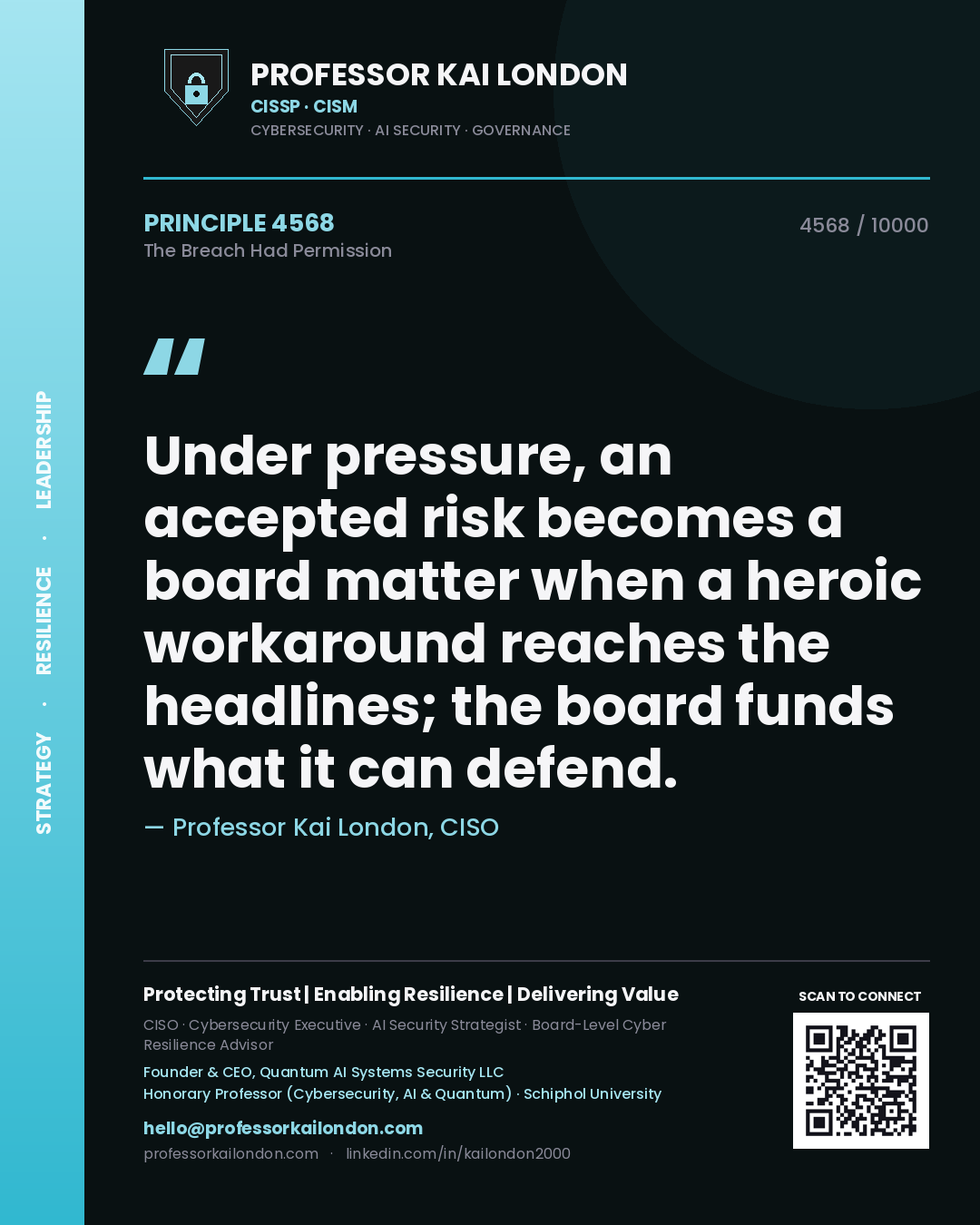 Professor Kai London principle 4568: Under pressure, an accepted risk becomes a board matter when a heroic workaround reaches the headlines; the board funds what it can defend.