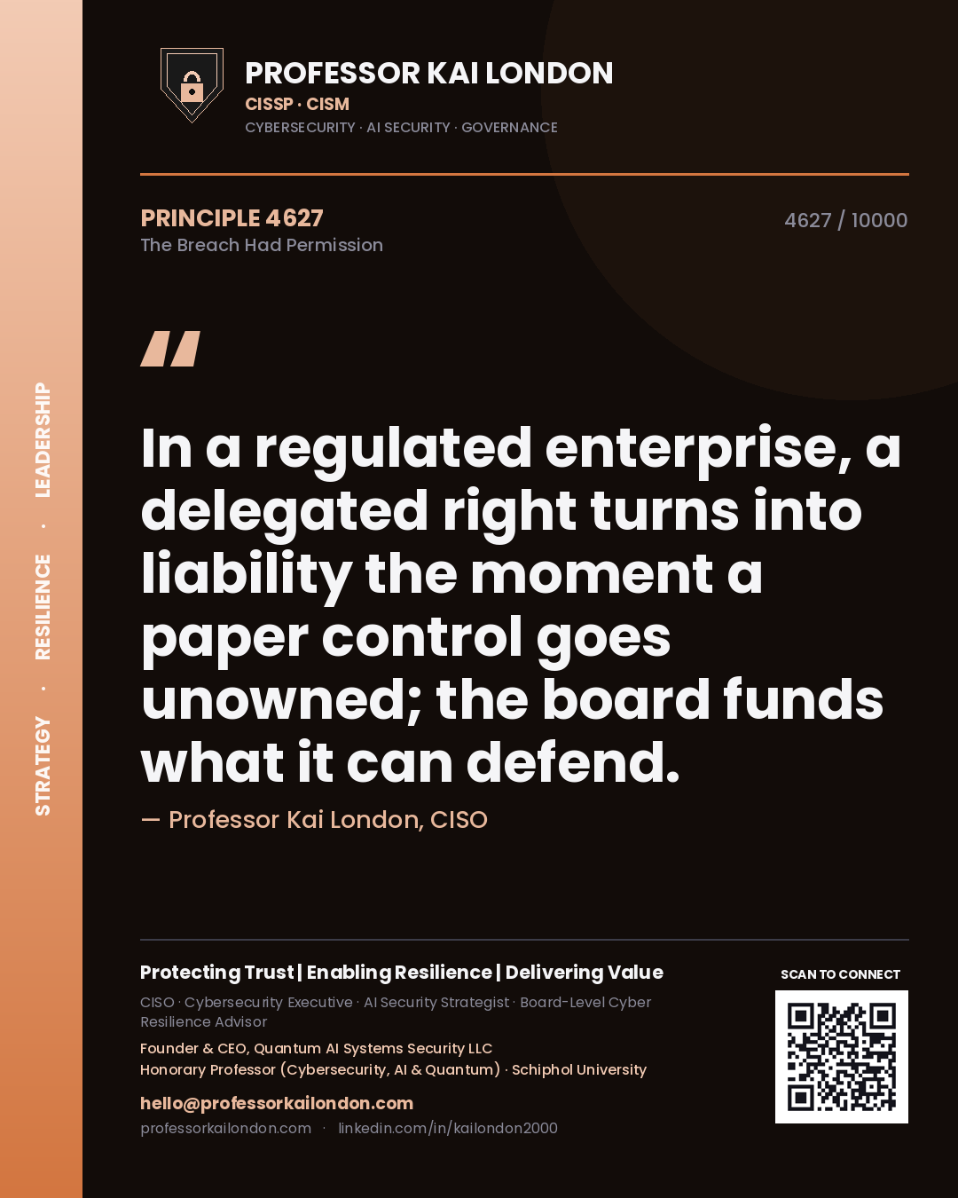 Professor Kai London principle 4627: In a regulated enterprise, a delegated right turns into liability the moment a paper control goes unowned; the board funds what it can defend.