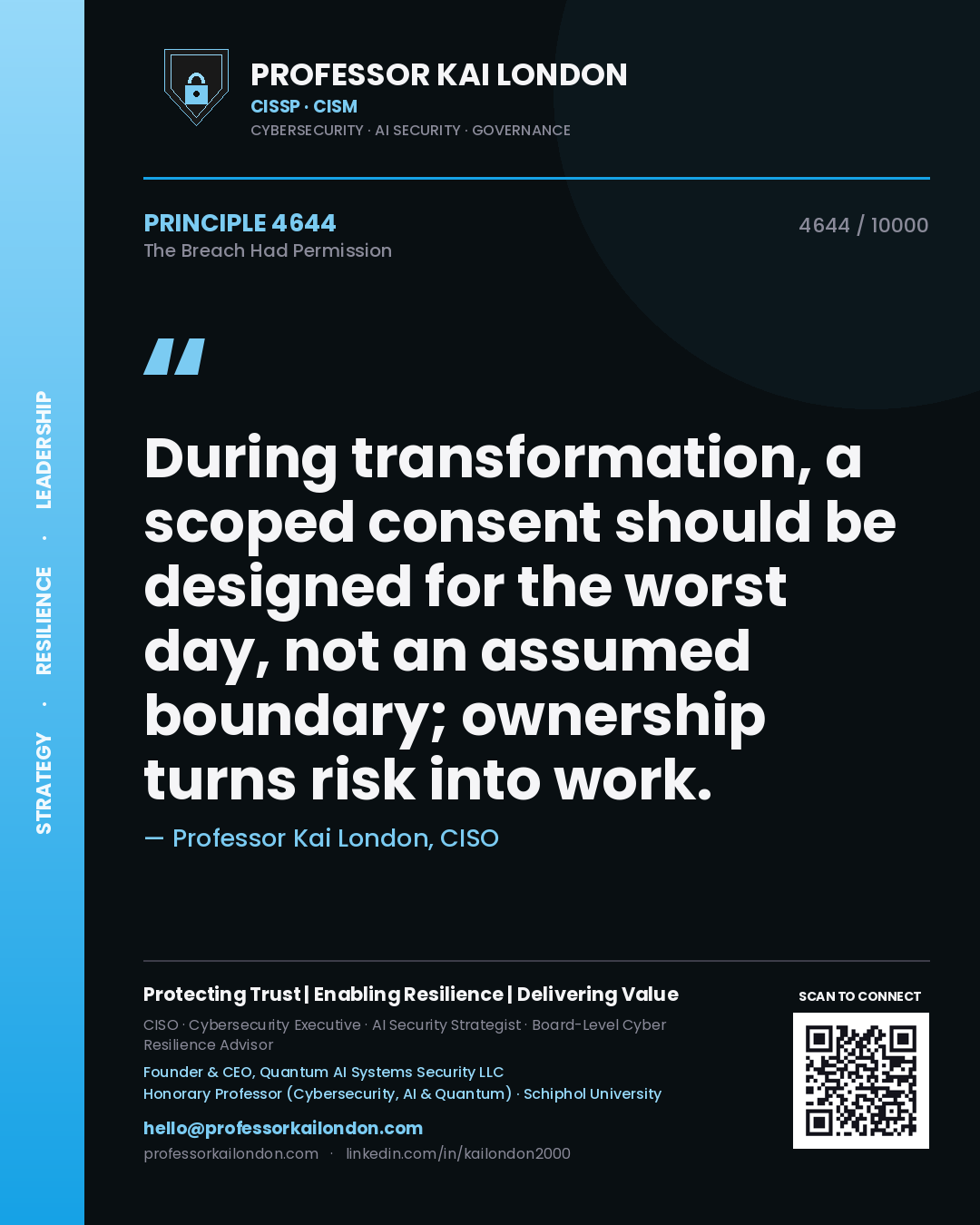 Professor Kai London principle 4644: During transformation, a scoped consent should be designed for the worst day, not an assumed boundary; ownership turns risk into work.