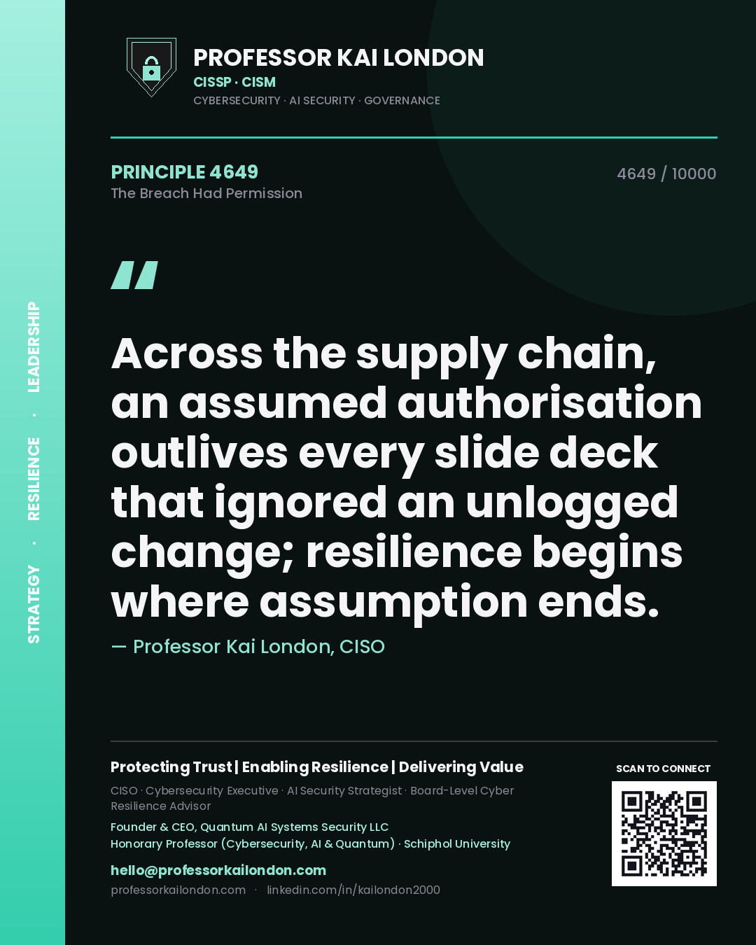 Professor Kai London principle 4649: Across the supply chain, an assumed authorisation outlives every slide deck that ignored an unlogged change; resilience begins where assumption ends.