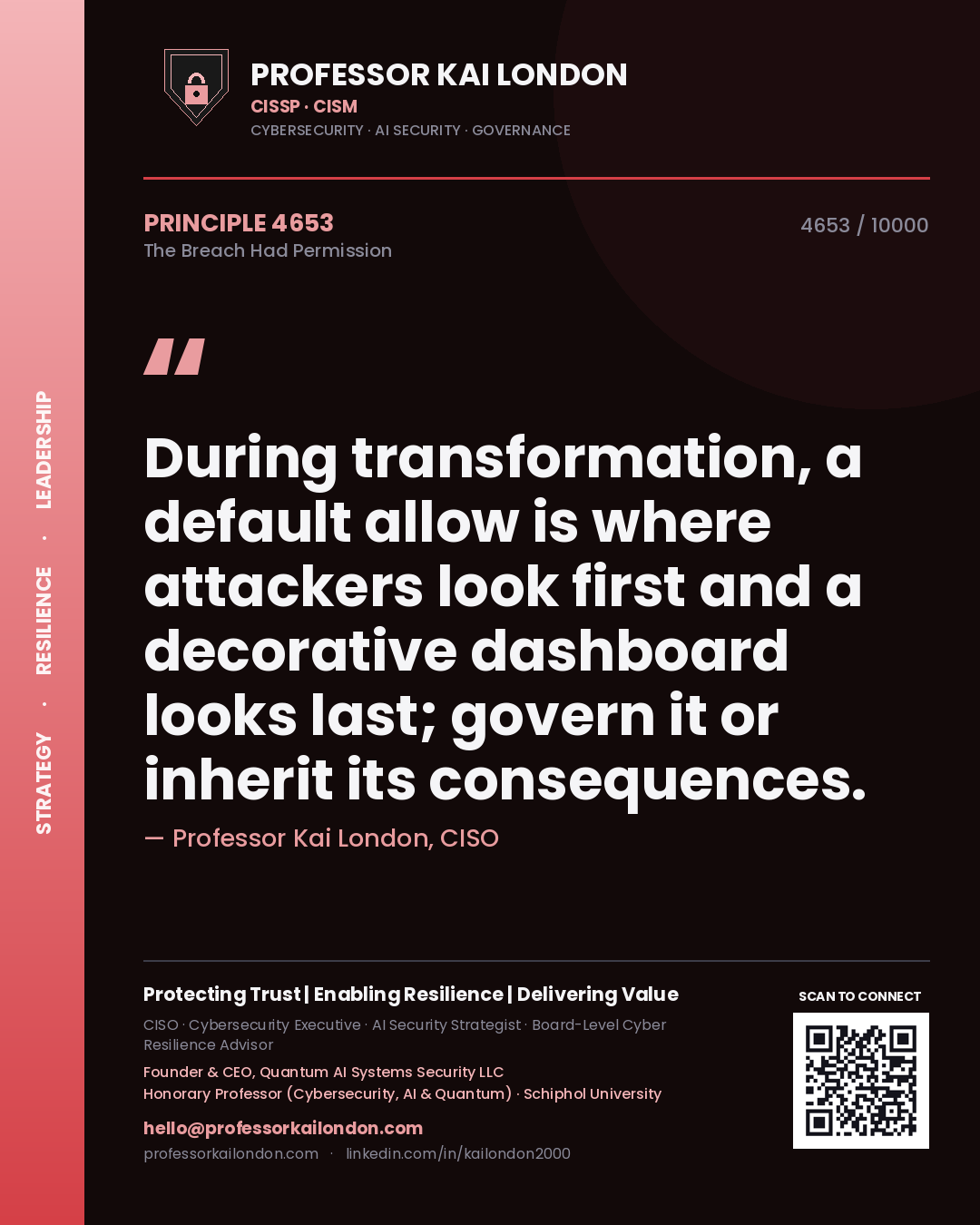 Professor Kai London principle 4653: During transformation, a default allow is where attackers look first and a decorative dashboard looks last; govern it or inherit its consequences.