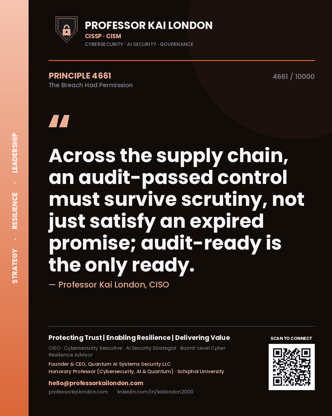 Professor Kai London principle 4661: Across the supply chain, an audit-passed control must survive scrutiny, not just satisfy an expired promise; audit-ready is the only ready.