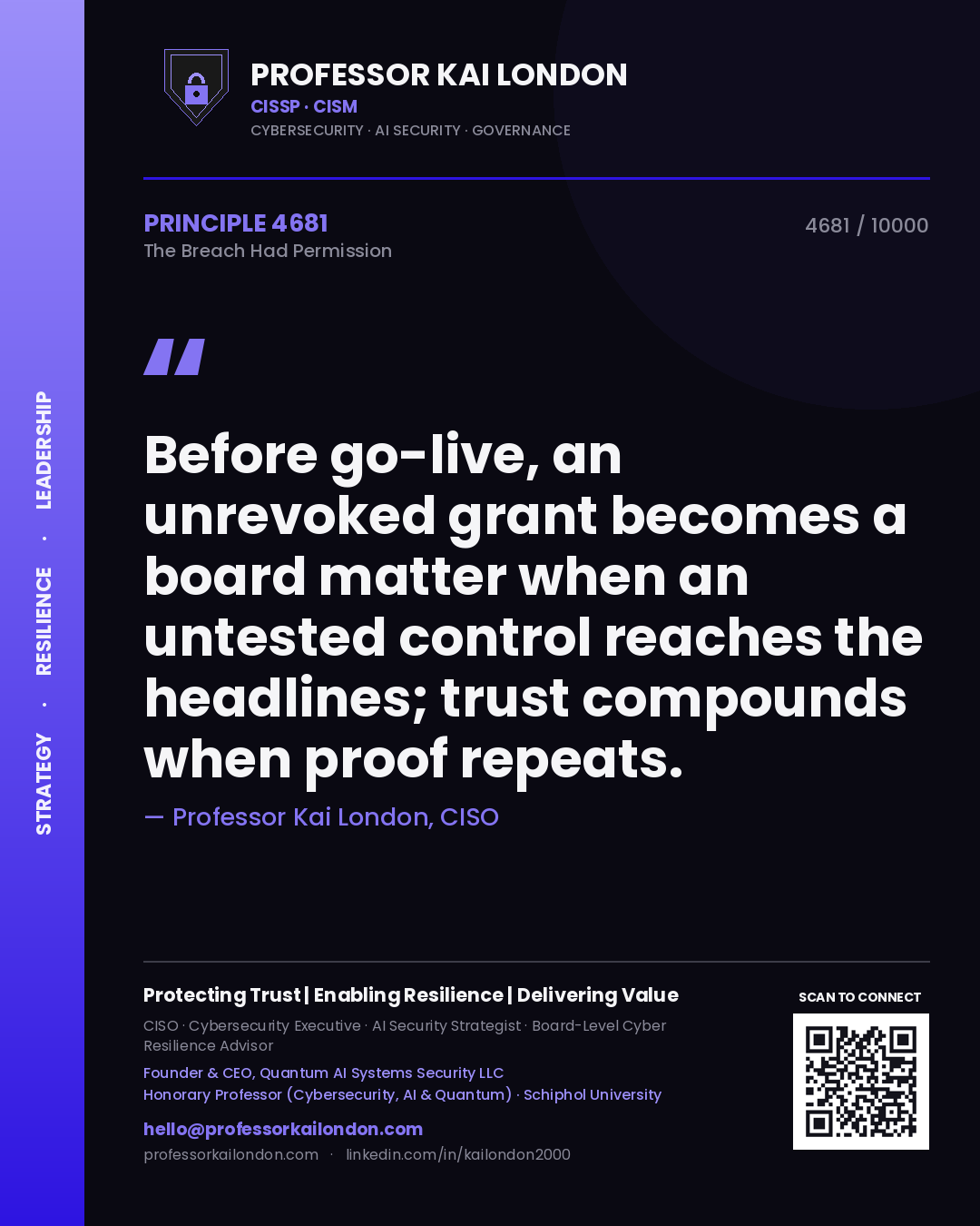 Professor Kai London principle 4681: Before go-live, an unrevoked grant becomes a board matter when an untested control reaches the headlines; trust compounds when proof repeats.