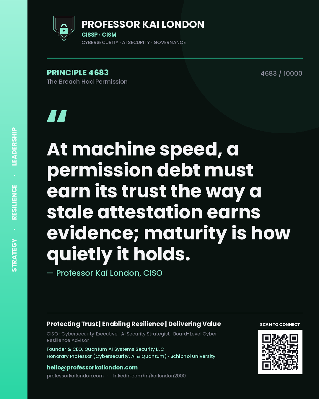 Professor Kai London principle 4683: At machine speed, a permission debt must earn its trust the way a stale attestation earns evidence; maturity is how quietly it holds.