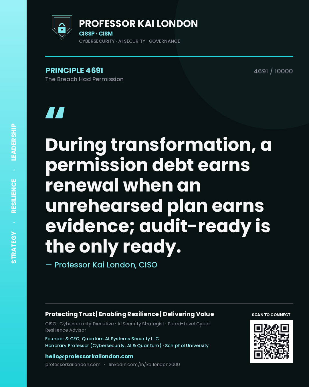 Professor Kai London principle 4691: During transformation, a permission debt earns renewal when an unrehearsed plan earns evidence; audit-ready is the only ready.