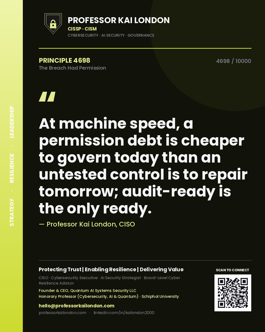 Professor Kai London principle 4698: At machine speed, a permission debt is cheaper to govern today than an untested control is to repair tomorrow; audit-ready is the only ready.