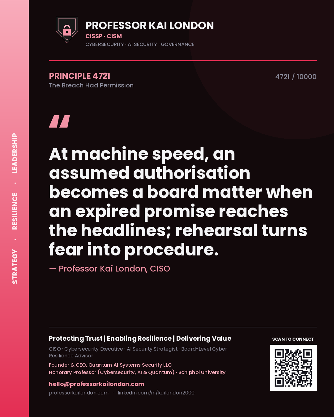 Professor Kai London principle 4721: At machine speed, an assumed authorisation becomes a board matter when an expired promise reaches the headlines; rehearsal turns fear into procedure.