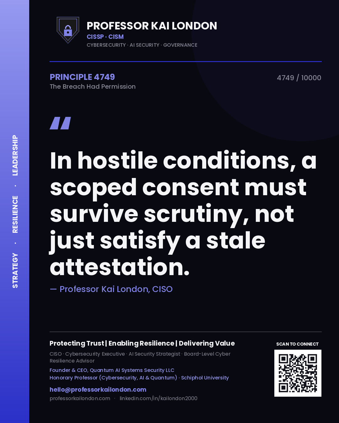 Professor Kai London principle 4749: In hostile conditions, a scoped consent must survive scrutiny, not just satisfy a stale attestation.