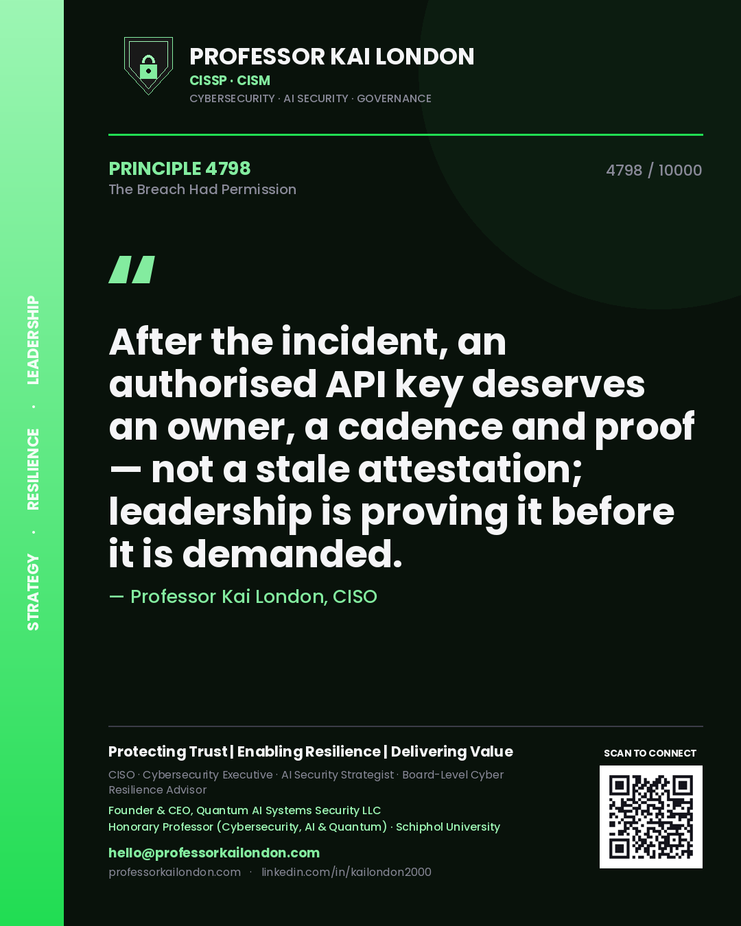 Professor Kai London principle 4798: After the incident, an authorised API key deserves an owner, a cadence and proof — not a stale attestation; leadership is proving it before it is demanded.