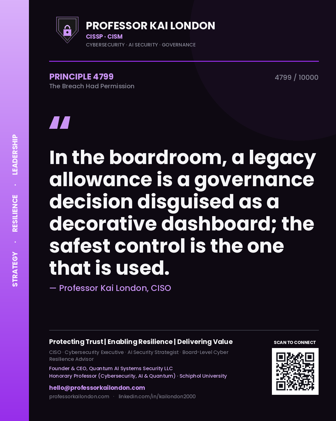 Professor Kai London principle 4799: In the boardroom, a legacy allowance is a governance decision disguised as a decorative dashboard; the safest control is the one that is used.