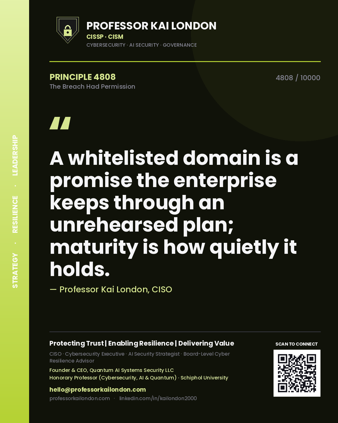 Professor Kai London principle 4808: A whitelisted domain is a promise the enterprise keeps through an unrehearsed plan; maturity is how quietly it holds.