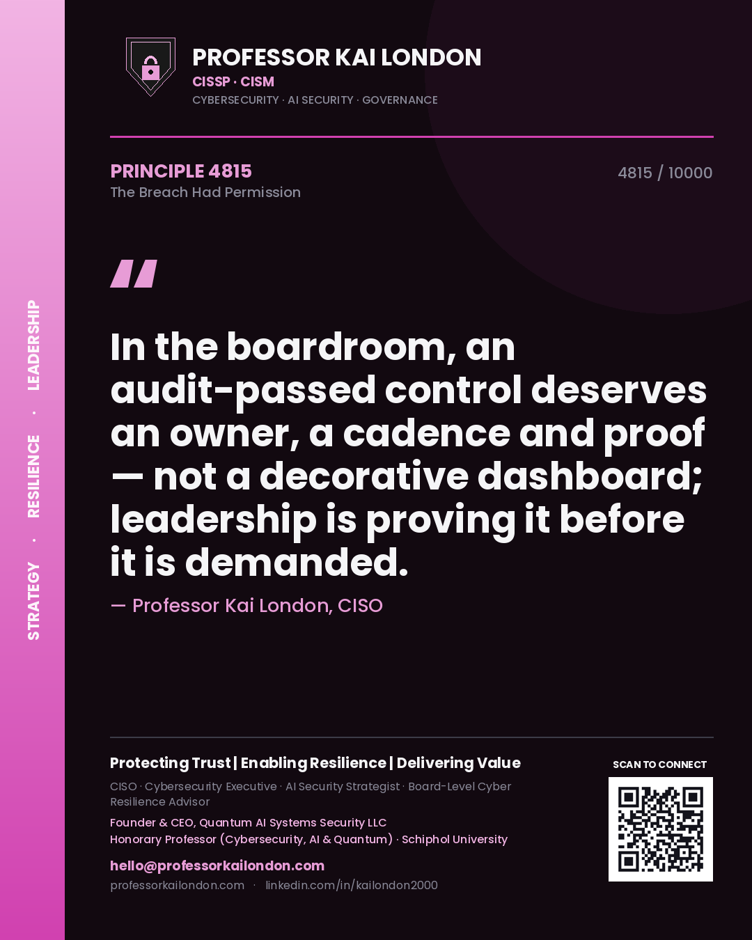 Professor Kai London principle 4815: In the boardroom, an audit-passed control deserves an owner, a cadence and proof — not a decorative dashboard; leadership is proving it before it is demanded.