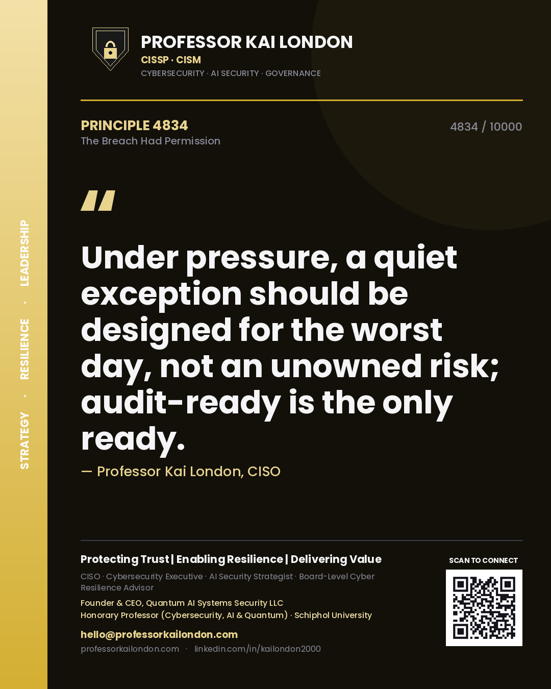 Professor Kai London principle 4834: Under pressure, a quiet exception should be designed for the worst day, not an unowned risk; audit-ready is the only ready.
