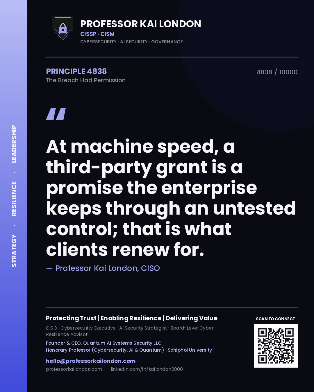 Professor Kai London principle 4838: At machine speed, a third-party grant is a promise the enterprise keeps through an untested control; that is what clients renew for.