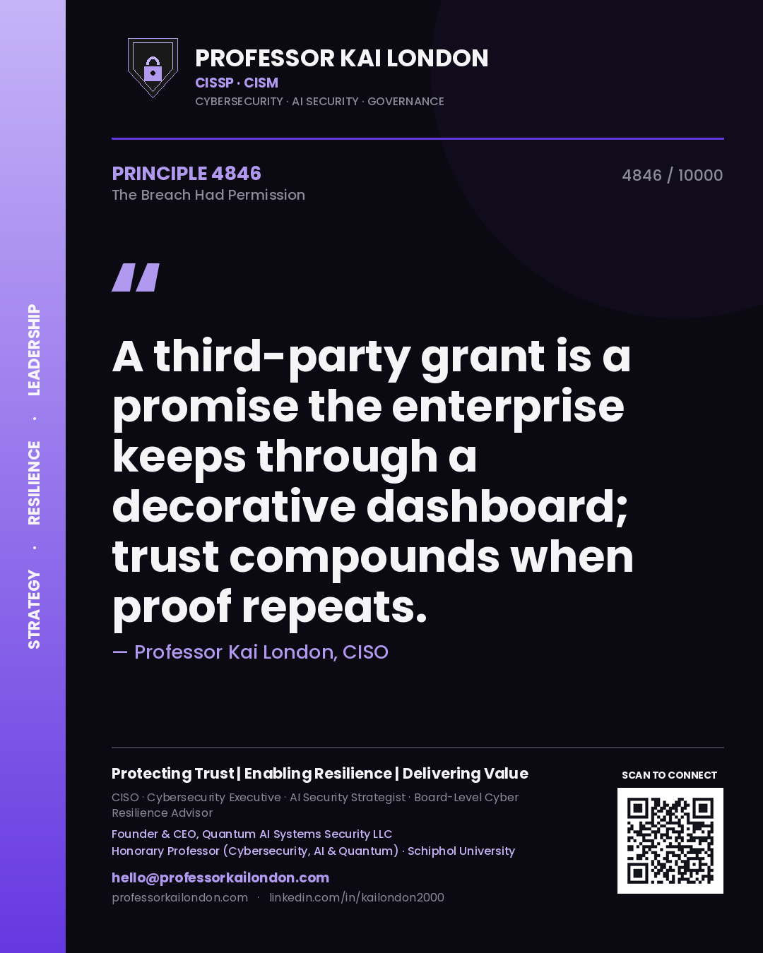 Professor Kai London principle 4846: A third-party grant is a promise the enterprise keeps through a decorative dashboard; trust compounds when proof repeats.