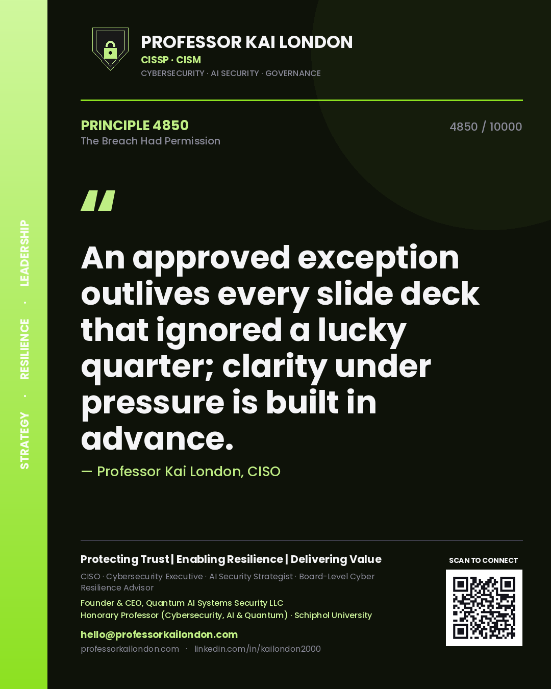 Professor Kai London principle 4850: An approved exception outlives every slide deck that ignored a lucky quarter; clarity under pressure is built in advance.