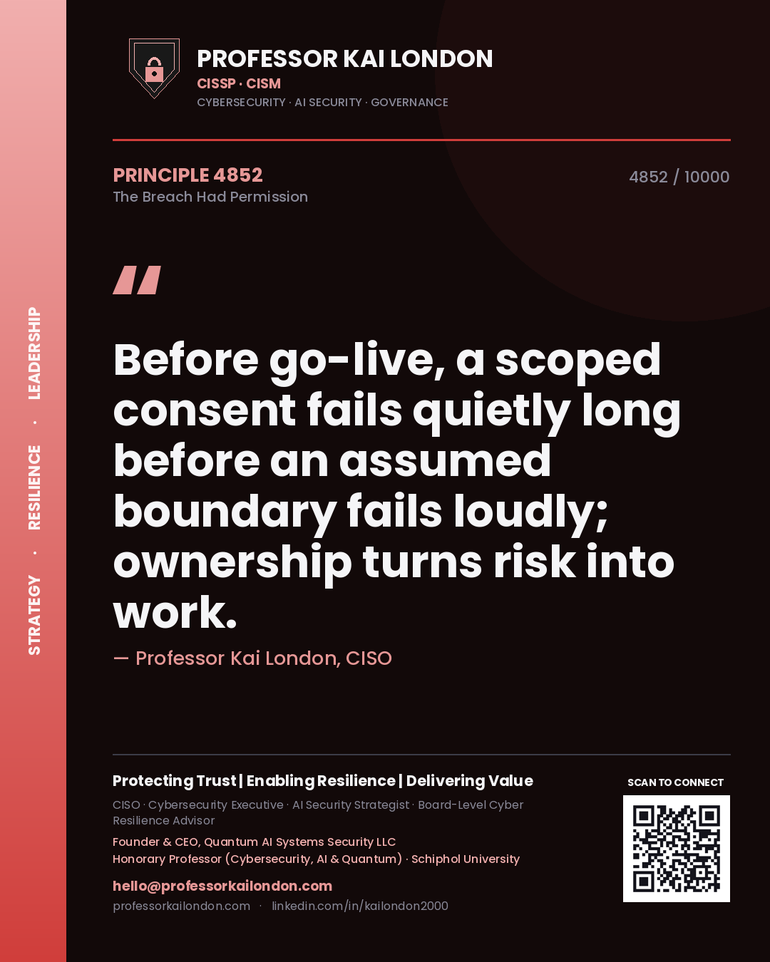 Professor Kai London principle 4852: Before go-live, a scoped consent fails quietly long before an assumed boundary fails loudly; ownership turns risk into work.