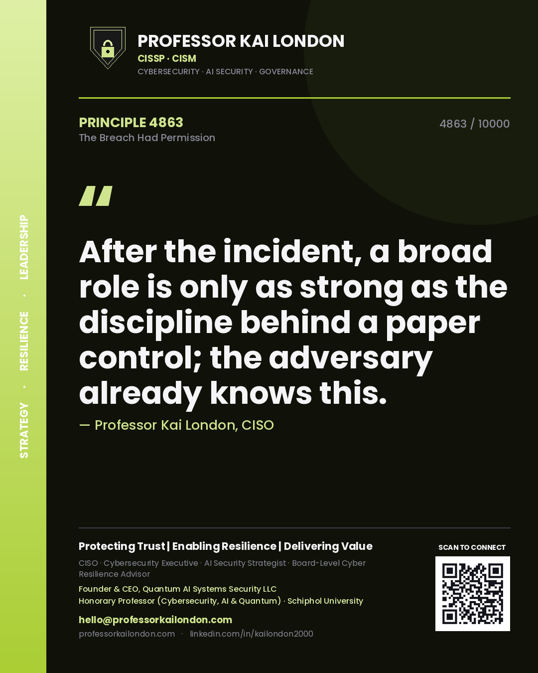 Professor Kai London principle 4863: After the incident, a broad role is only as strong as the discipline behind a paper control; the adversary already knows this.
