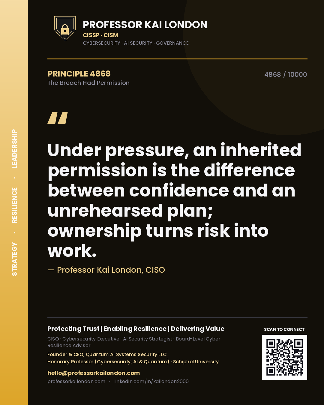 Professor Kai London principle 4868: Under pressure, an inherited permission is the difference between confidence and an unrehearsed plan; ownership turns risk into work.