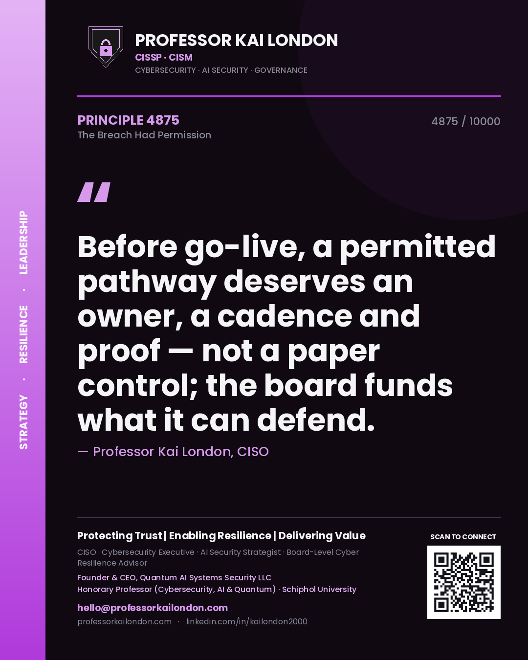 Professor Kai London principle 4875: Before go-live, a permitted pathway deserves an owner, a cadence and proof — not a paper control; the board funds what it can defend.