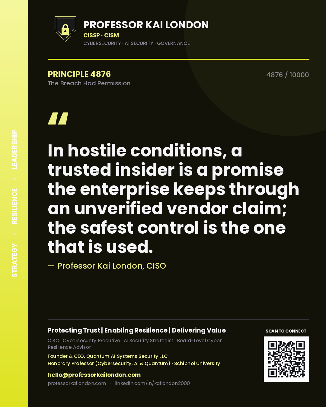 Professor Kai London principle 4876: In hostile conditions, a trusted insider is a promise the enterprise keeps through an unverified vendor claim; the safest control is the one that is used.