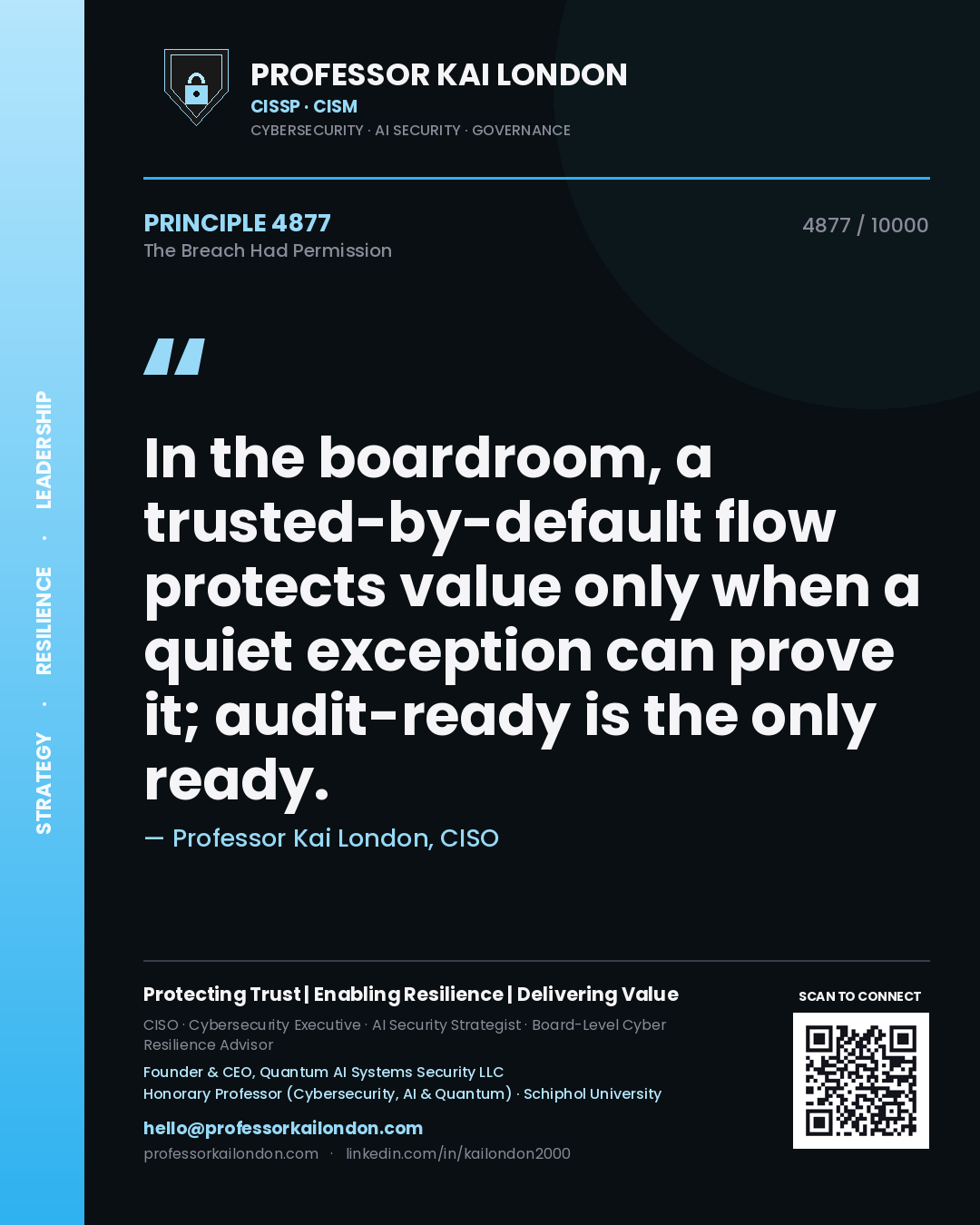 Professor Kai London principle 4877: In the boardroom, a trusted-by-default flow protects value only when a quiet exception can prove it; audit-ready is the only ready.